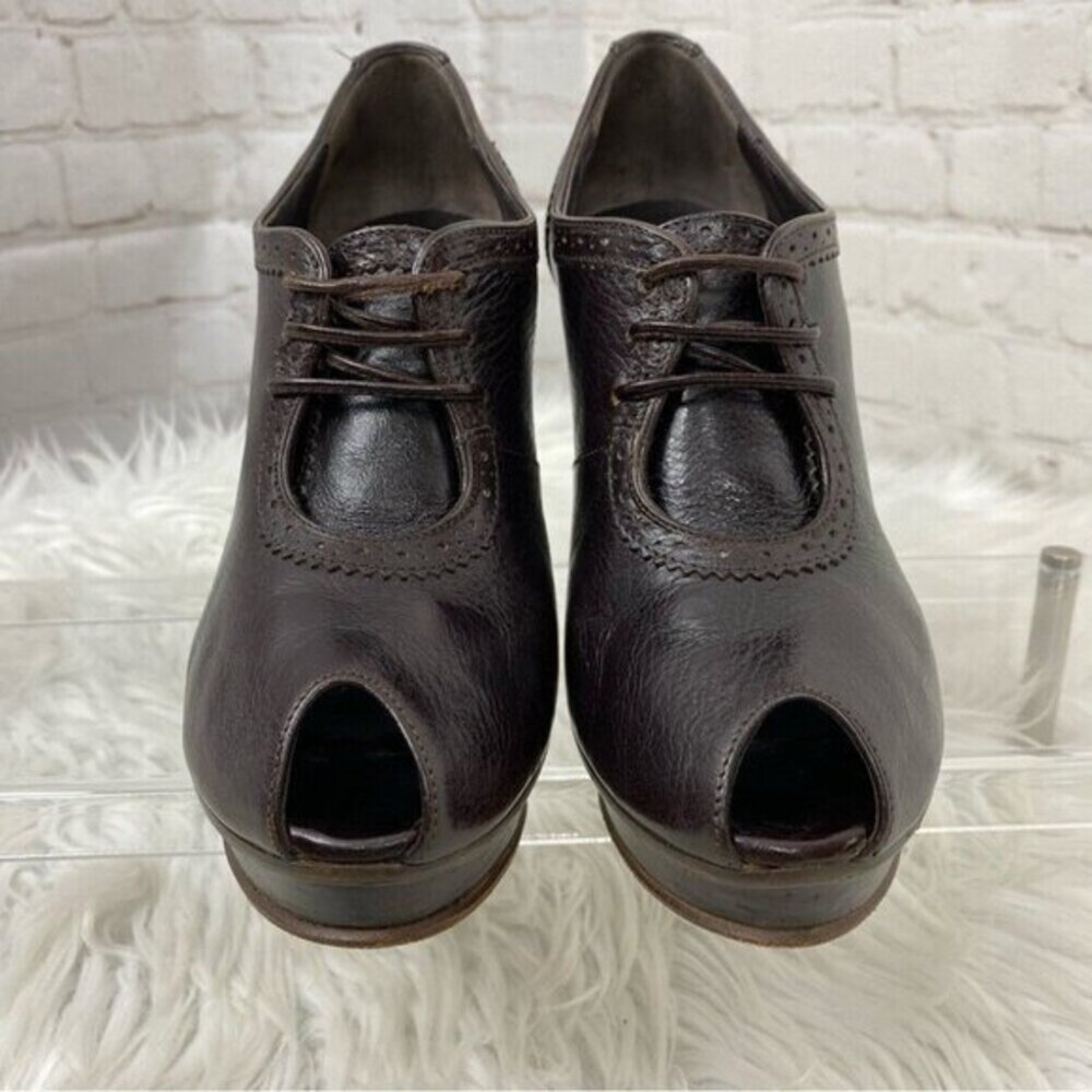 Fendi Dark Brown Leather Peep Toe Oxford Platform Heels Brogue Wingtip Size 36.5